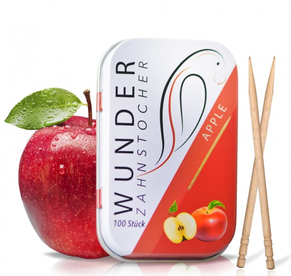 Wunder Zahnstocher Apfel in der Dose mit 100 Stück – aromatisierte Zahnstocher mit fruchtigem Apfel-Geschmack.